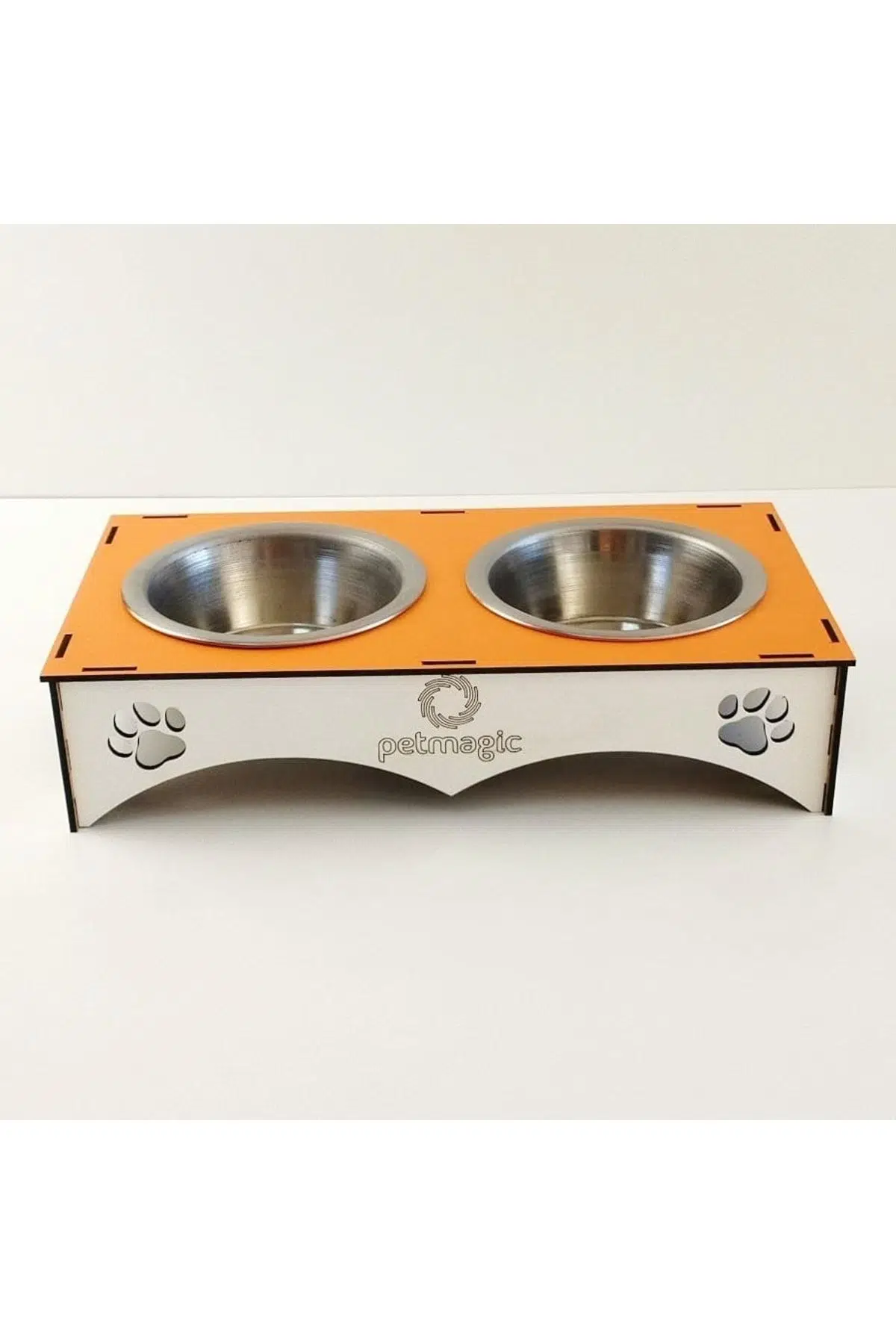 Petmagic 2'li Mama Kabı Ikili Ahşap-Çelik Mama Kabı Turuncu