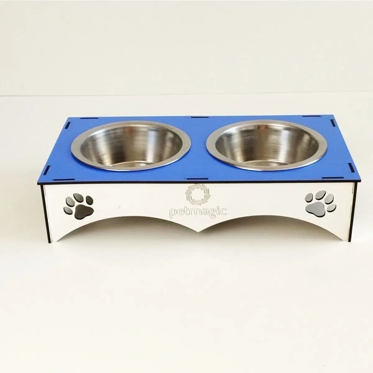 Petmagic Ahşap 2'li Mama Kabı İkili Ahşap Çelik Mama Kabı - Mavi