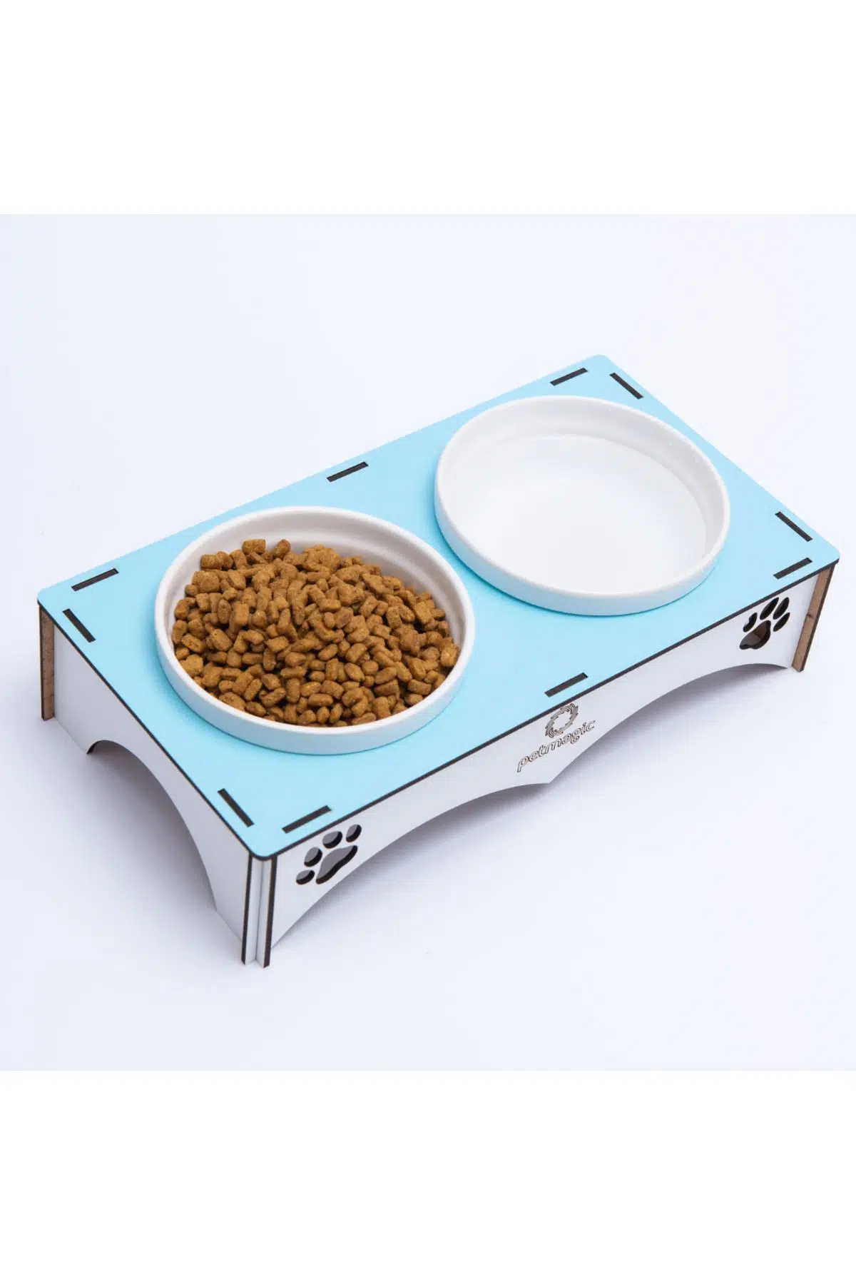 Petmagic Ahşap, Beyaz Seramik Kaseli Kedi, Mini Irk Köpek Mama Kabı, Açık Mavi