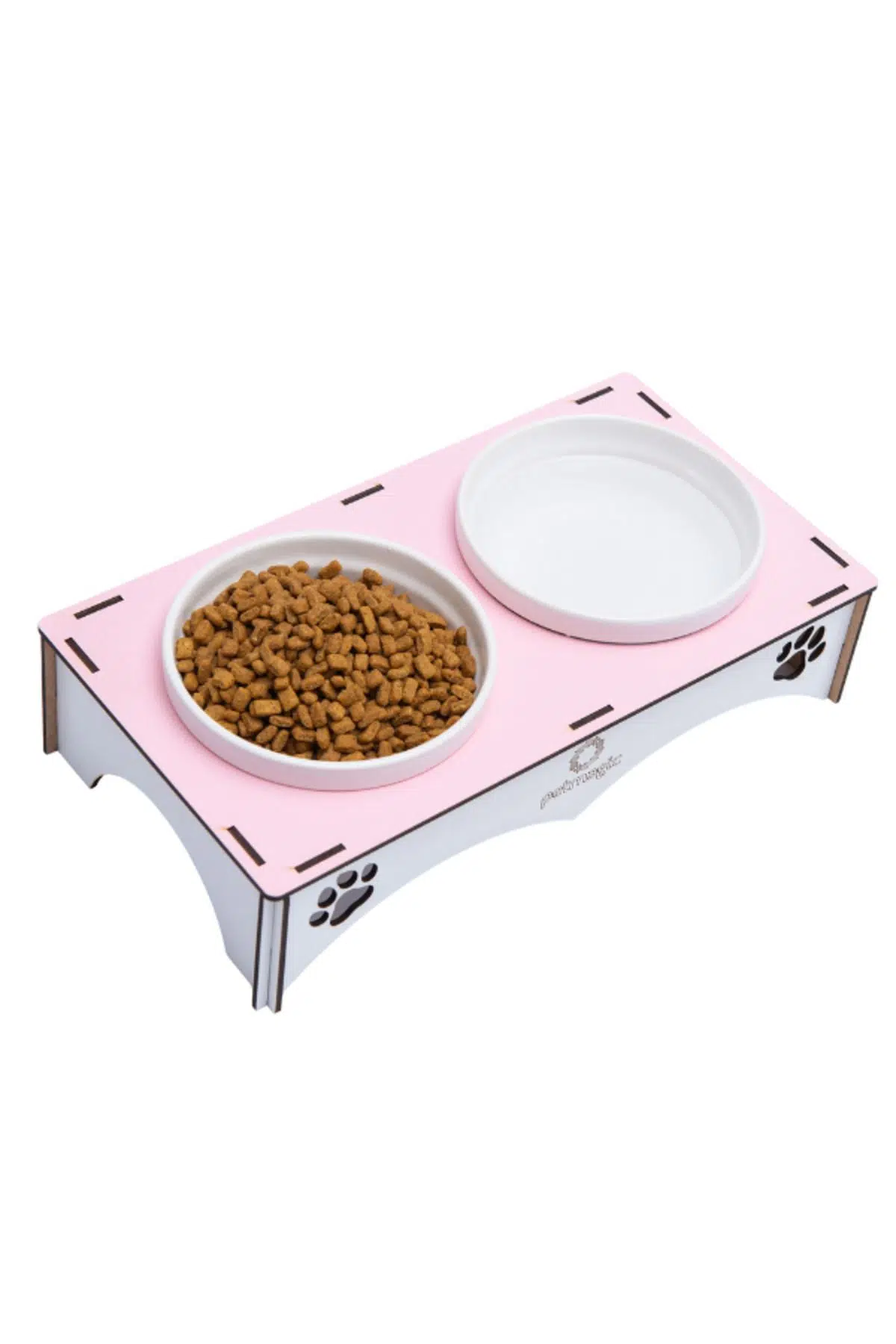 Petmagic Ahşap, Beyaz Seramik Kaseli Kedi, Mini Irk Köpek Mama Kabı, Pembe