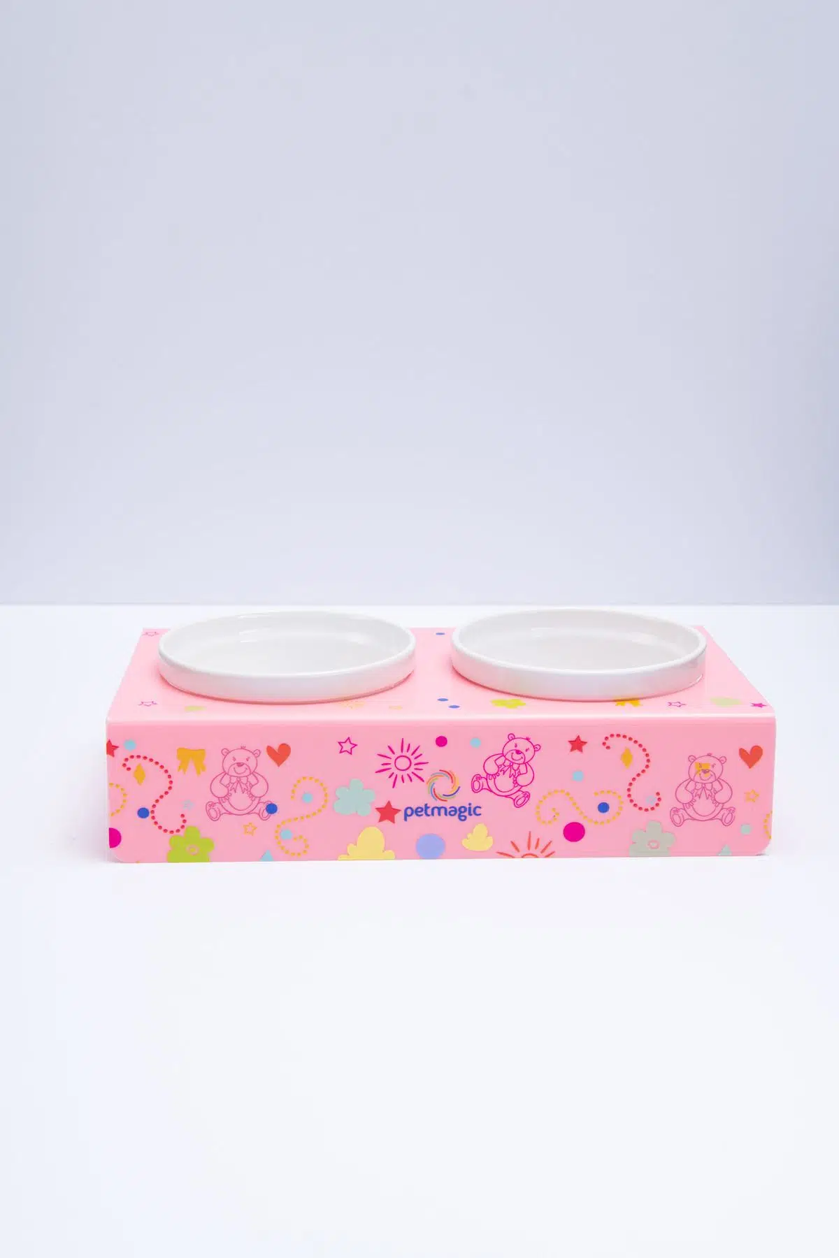 Petmagic Akrilik Pleksi Evcil Hayvan Beyaz Seramik Kaseli Kedi Mini Köpek Mama Su Kabı- Pembe Ayıcık