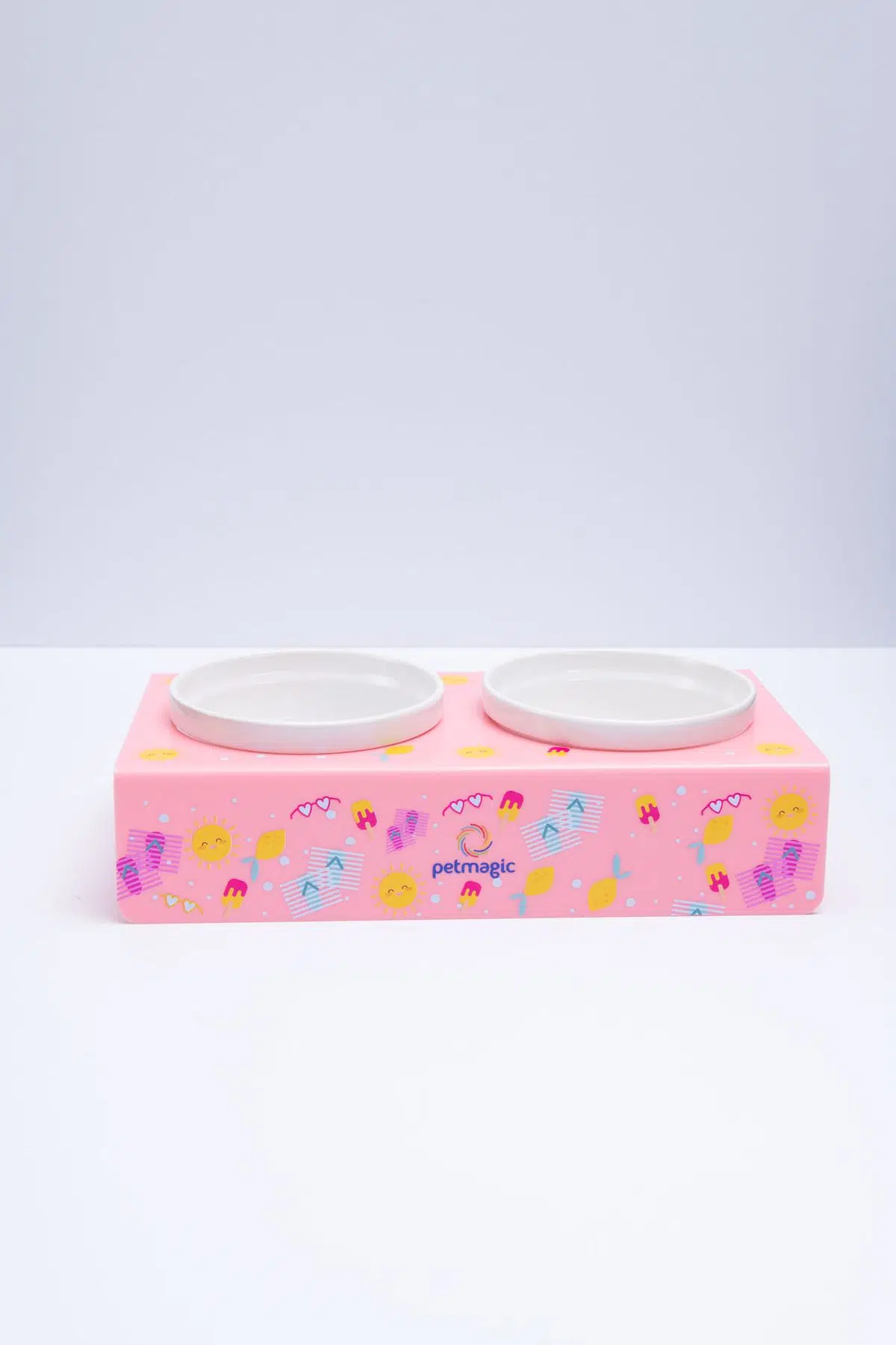 Petmagic Akrilik Pleksi Evcil Hayvan Beyaz Seramik Kaseli Kedi Mini Köpek Mama Su Kabı- Pembe Plaj