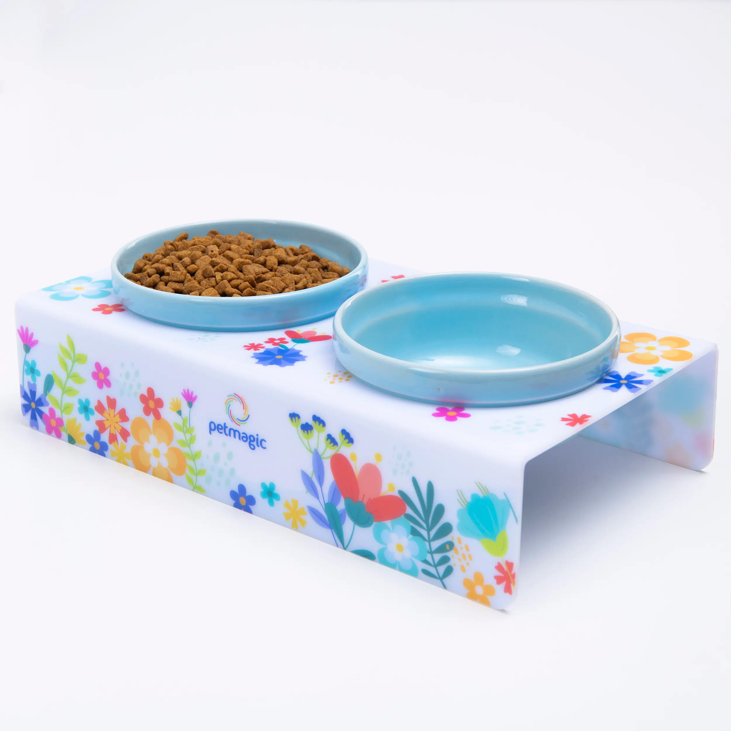 Petmagic Akrilik Pleksi Evcil Hayvan Mavi Seramik Kaseli Kedi ve Köpek Mama Su Kabı-Beyaz Bahar