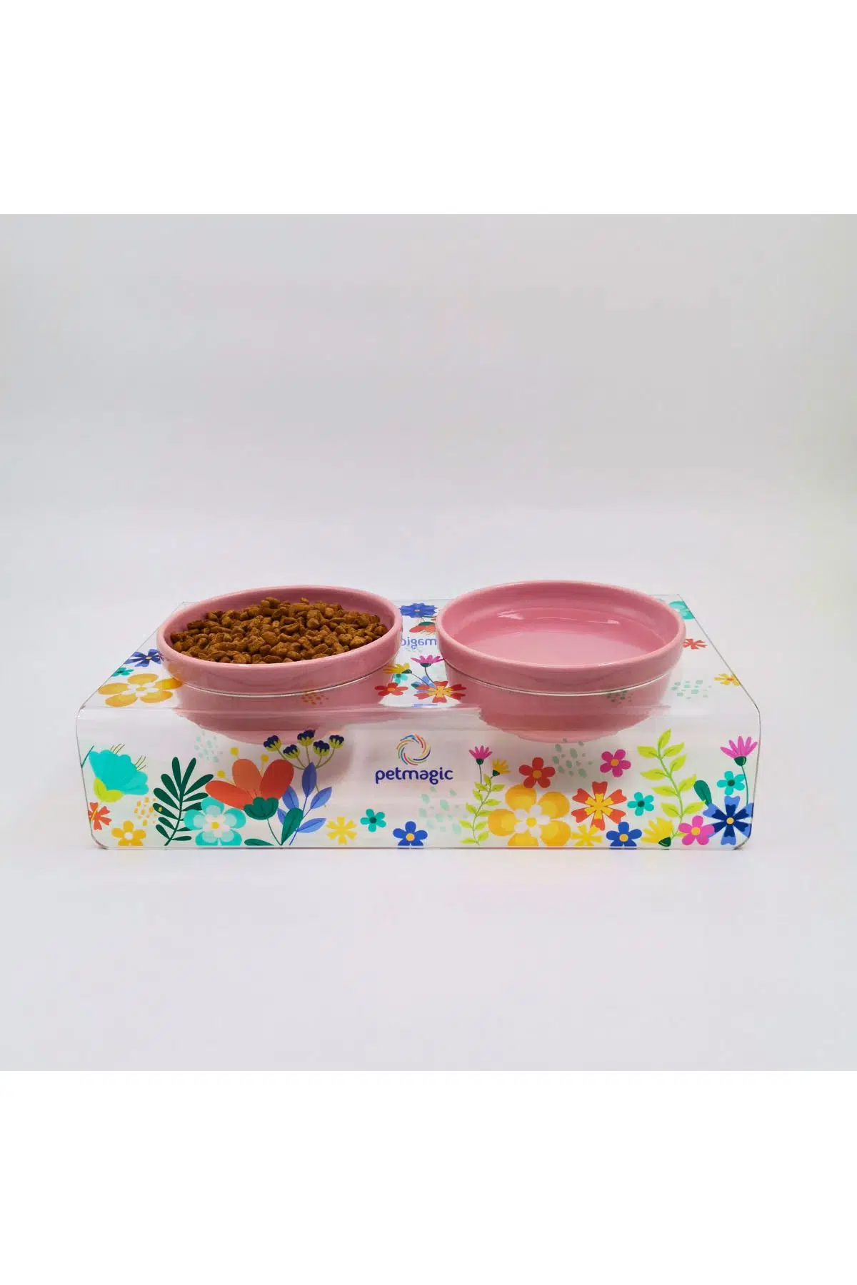 PetMagic Akrilik Pleksi Evcil Hayvan Renkli Seramik Kaseli Mama ve Su Kabı- İlk Bahar Baskılı